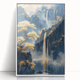 Glam Wall Art - Golden Waterfalls and Trees in Misty Dark Blue Mountains