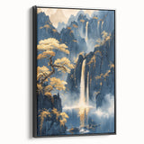 Glam Wall Art - Golden Waterfalls and Trees in Misty Dark Blue Mountains