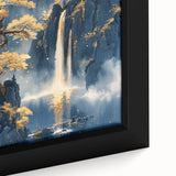 Glam Wall Art - Golden Waterfalls and Trees in Misty Dark Blue Mountains