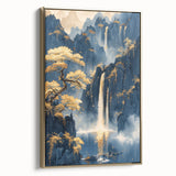 Glam Wall Art - Golden Waterfalls and Trees in Misty Dark Blue Mountains