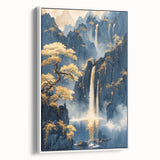 Glam Wall Art - Golden Waterfalls and Trees in Misty Dark Blue Mountains