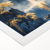 Glam Wall Art - Golden Waterfalls and Trees in Misty Dark Blue Mountains
