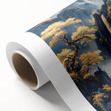 Glam Wall Art - Golden Waterfalls and Trees in Misty Dark Blue Mountains