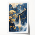 Glam Wall Art - Golden Waterfalls and Trees in Misty Dark Blue Mountains