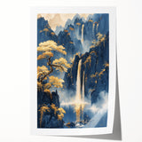 Glam Wall Art - Golden Waterfalls and Trees in Misty Dark Blue Mountains
