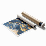 Glam Wall Art - Golden Waterfalls and Trees in Misty Dark Blue Mountains