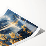 Glam Wall Art - Golden Waterfalls and Trees in Misty Dark Blue Mountains