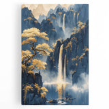 Glam Wall Art - Golden Waterfalls and Trees in Misty Dark Blue Mountains