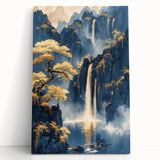 Glam Wall Art - Golden Waterfalls and Trees in Misty Dark Blue Mountains