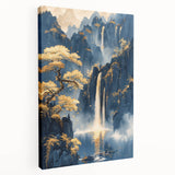Glam Wall Art - Golden Waterfalls and Trees in Misty Dark Blue Mountains