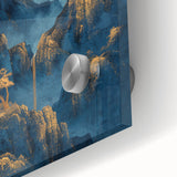 Glam Wall Art - Golden Moon Over Dark Blue Mountains with Waterfalls