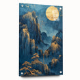 Glam Wall Art - Golden Moon Over Dark Blue Mountains with Waterfalls
