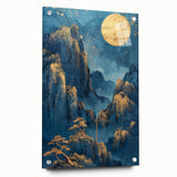 Glam Wall Art - Golden Moon Over Dark Blue Mountains with Waterfalls