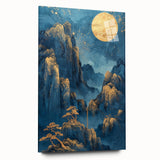 Glam Wall Art - Golden Moon Over Dark Blue Mountains with Waterfalls
