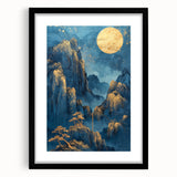 Glam Wall Art - Golden Moon Over Dark Blue Mountains with Waterfalls