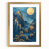 Glam Wall Art - Golden Moon Over Dark Blue Mountains with Waterfalls