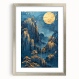 Glam Wall Art - Golden Moon Over Dark Blue Mountains with Waterfalls
