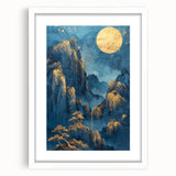 Glam Wall Art - Golden Moon Over Dark Blue Mountains with Waterfalls