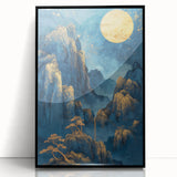 Glam Wall Art - Golden Moon Over Dark Blue Mountains with Waterfalls