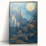 Glam Wall Art - Golden Moon Over Dark Blue Mountains with Waterfalls