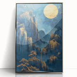 Glam Wall Art - Golden Moon Over Dark Blue Mountains with Waterfalls