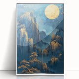 Glam Wall Art - Golden Moon Over Dark Blue Mountains with Waterfalls