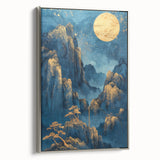 Glam Wall Art - Golden Moon Over Dark Blue Mountains with Waterfalls