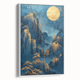 Glam Wall Art - Golden Moon Over Dark Blue Mountains with Waterfalls