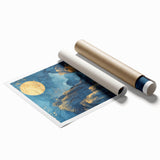 Glam Wall Art - Golden Moon Over Dark Blue Mountains with Waterfalls