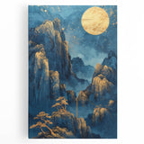 Glam Wall Art - Golden Moon Over Dark Blue Mountains with Waterfalls