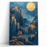 Glam Wall Art - Golden Moon Over Dark Blue Mountains with Waterfalls