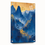 Glam Wall Art - Radiant Golden Sun and Trees in Blue Mountain Landscape
