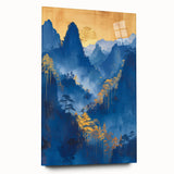 Glam Wall Art - Radiant Golden Sun and Trees in Blue Mountain Landscape