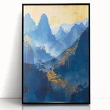 Glam Wall Art - Radiant Golden Sun and Trees in Blue Mountain Landscape