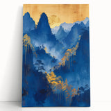 Glam Wall Art - Radiant Golden Sun and Trees in Blue Mountain Landscape