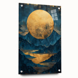 Glam Wall Art - Large Golden Moon Over Dark Blue Mountains and Reflections