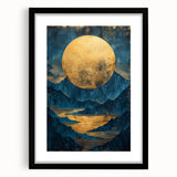Glam Wall Art - Large Golden Moon Over Dark Blue Mountains and Reflections