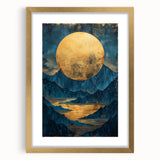 Glam Wall Art - Large Golden Moon Over Dark Blue Mountains and Reflections