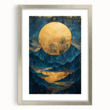Glam Wall Art - Large Golden Moon Over Dark Blue Mountains and Reflections