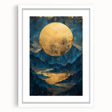 Glam Wall Art - Large Golden Moon Over Dark Blue Mountains and Reflections