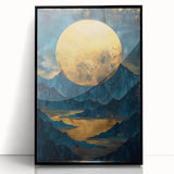 Glam Wall Art - Large Golden Moon Over Dark Blue Mountains and Reflections
