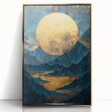 Glam Wall Art - Large Golden Moon Over Dark Blue Mountains and Reflections