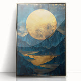 Glam Wall Art - Large Golden Moon Over Dark Blue Mountains and Reflections