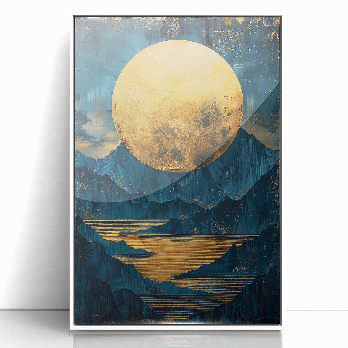 Glam Wall Art - Large Golden Moon Over Dark Blue Mountains and Reflections