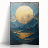 Glam Wall Art - Large Golden Moon Over Dark Blue Mountains and Reflections