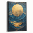 Glam Wall Art - Large Golden Moon Over Dark Blue Mountains and Reflections