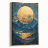 Glam Wall Art - Large Golden Moon Over Dark Blue Mountains and Reflections
