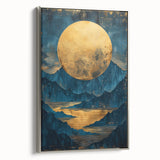 Glam Wall Art - Large Golden Moon Over Dark Blue Mountains and Reflections