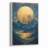 Glam Wall Art - Large Golden Moon Over Dark Blue Mountains and Reflections
