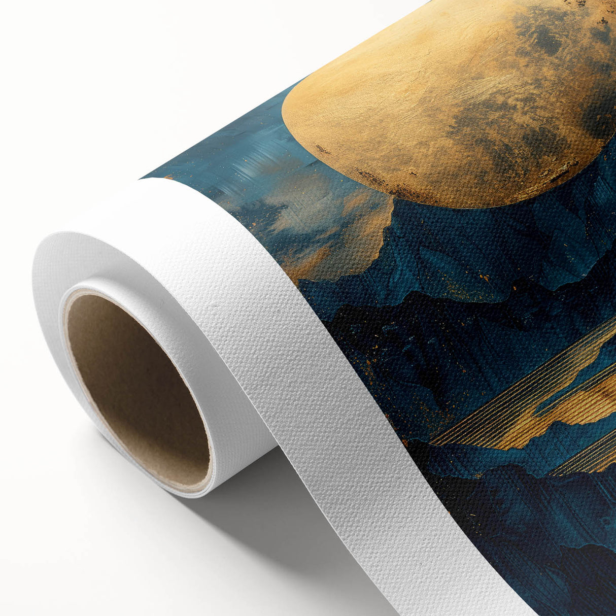 Glam Wall Art - Large Golden Moon Over Dark Blue Mountains and Reflections